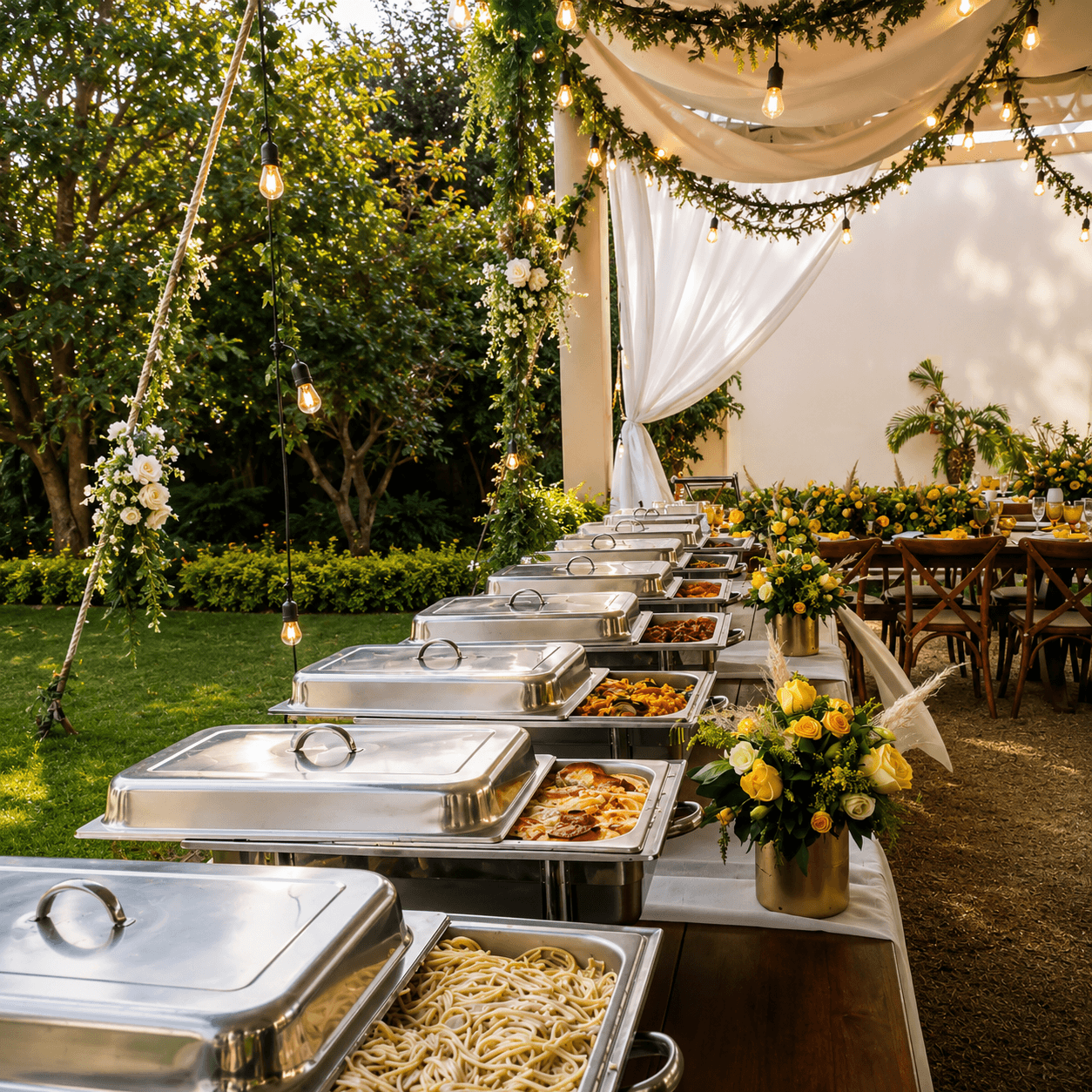Buffet de banquete en jardín con chafing dishes y flores amarillas
