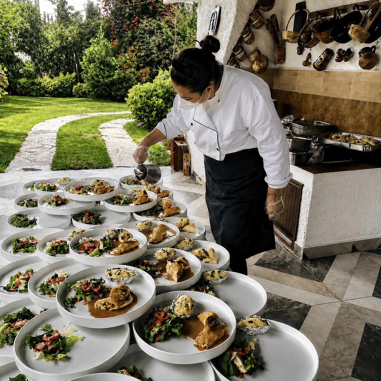 Chef Herendida atendiendo una mesa de catering con dedicación