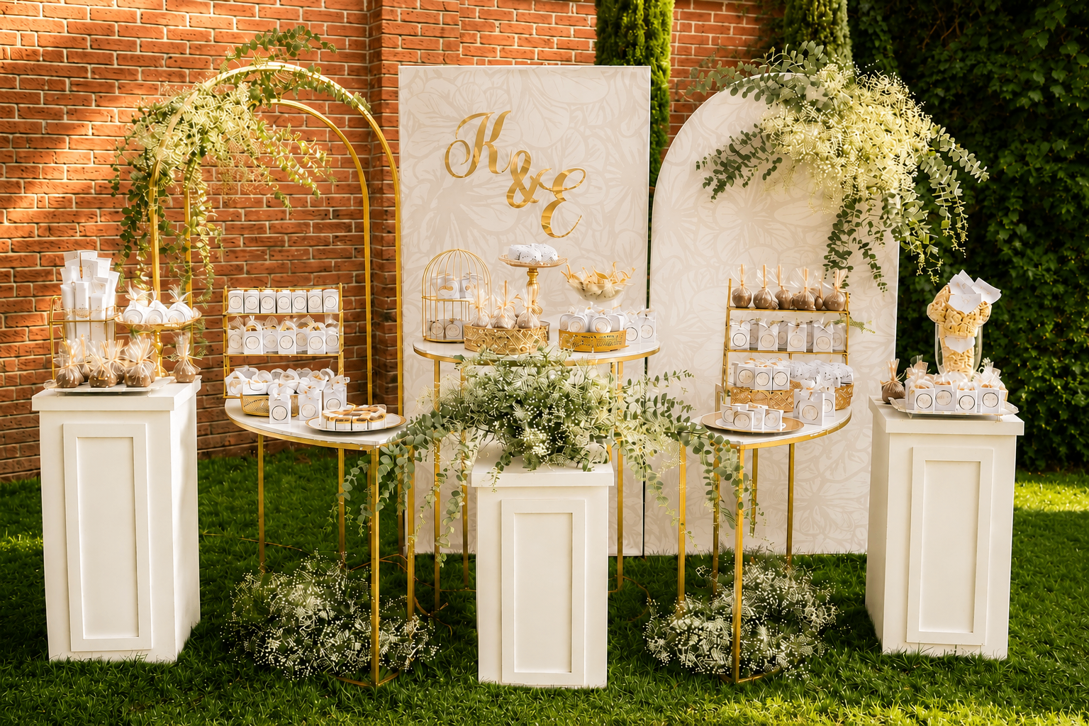 Mesa de dulces en jardín con arcos dorados y follaje por Dolci Feste