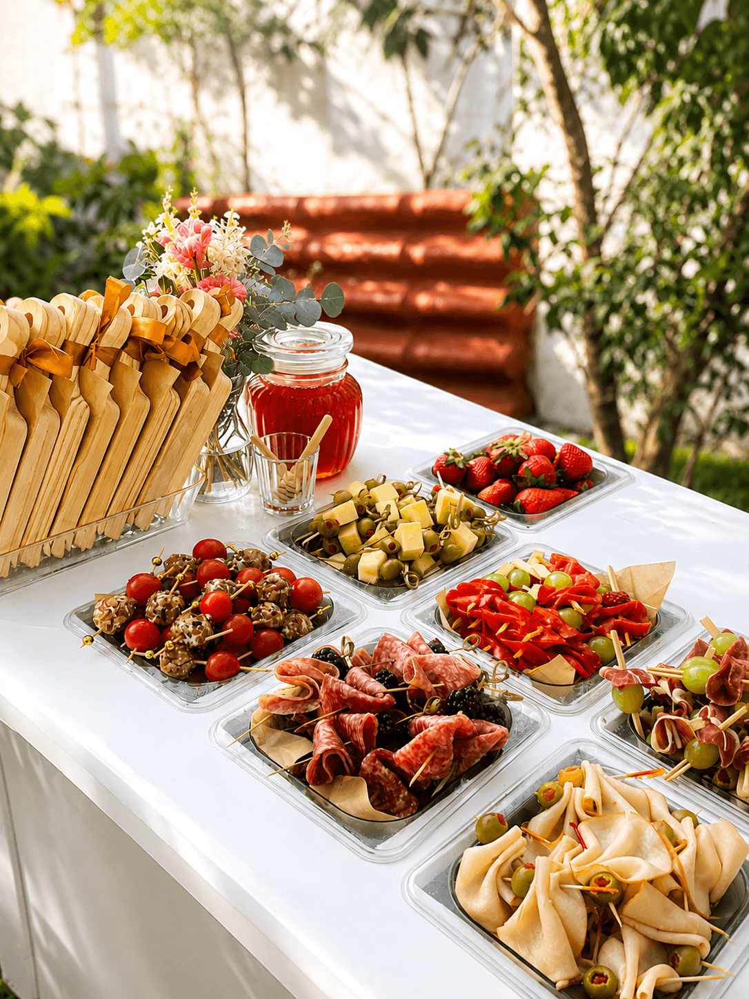 Barra de brochetas gourmet con quesos, embutidos y fresas