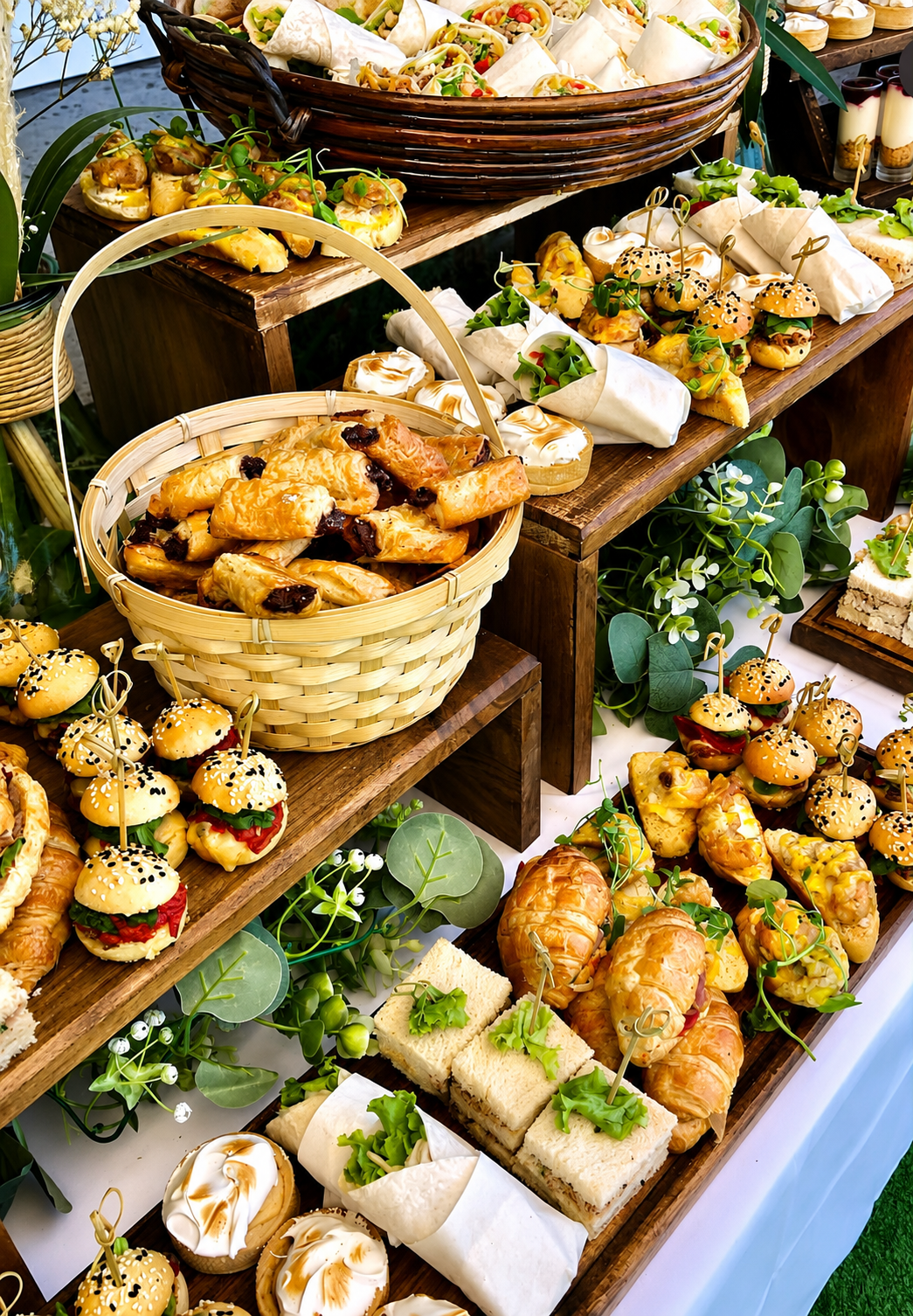 Mesa de bocadillos en niveles de madera con panes y canapés